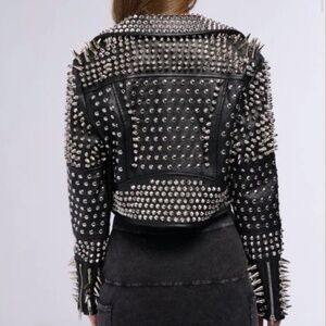 Vegan Leather Cropped Moto with Spikes Azalea Wang